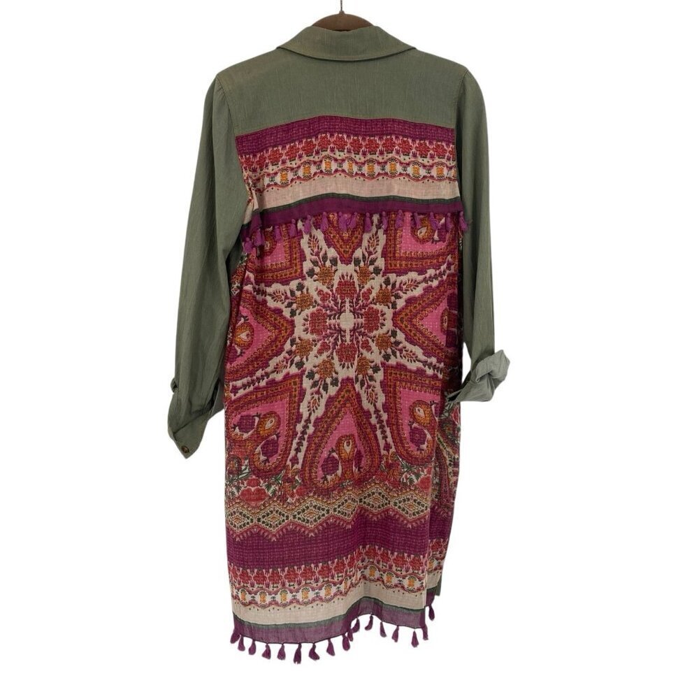 IVY JANE Button Up Long Sleeve Tunic FringeTassels hem green XS